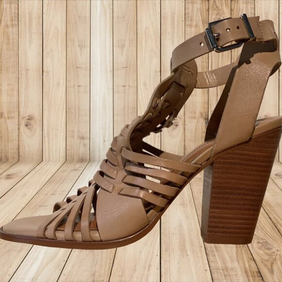 Gianni Bini Heart Breaker Tan Woven Leather Heels Sandals Ankle Strap Size 7.5M - Picture 1 of 6